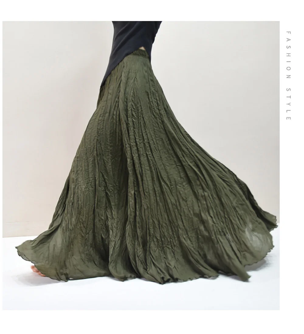 Womens High Waisted Flowy Maxi Skirt Crinkled Cotton Linen A-Line Pleated Beach Long Skirt Bohemian Style for Spring Summer K444