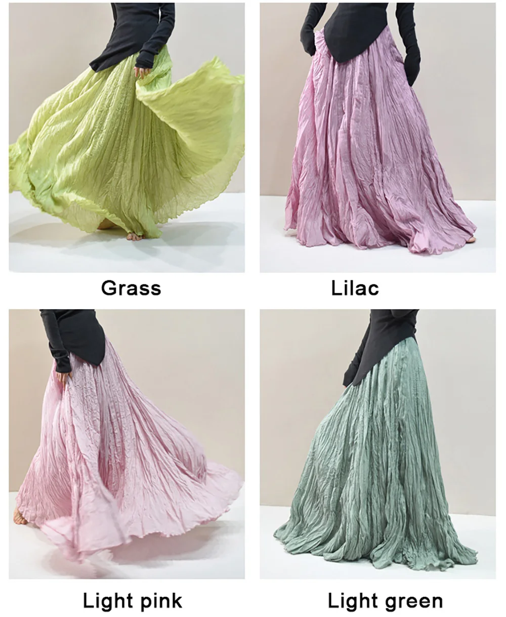 Womens High Waisted Flowy Maxi Skirt Crinkled Cotton Linen A-Line Pleated Beach Long Skirt Bohemian Style for Spring Summer K444