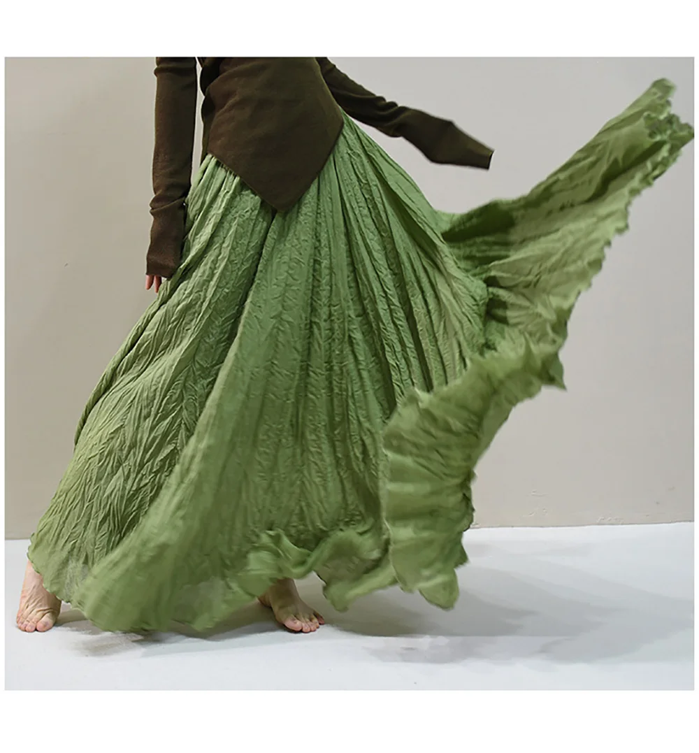 Womens High Waisted Flowy Maxi Skirt Crinkled Cotton Linen A-Line Pleated Beach Long Skirt Bohemian Style for Spring Summer K444