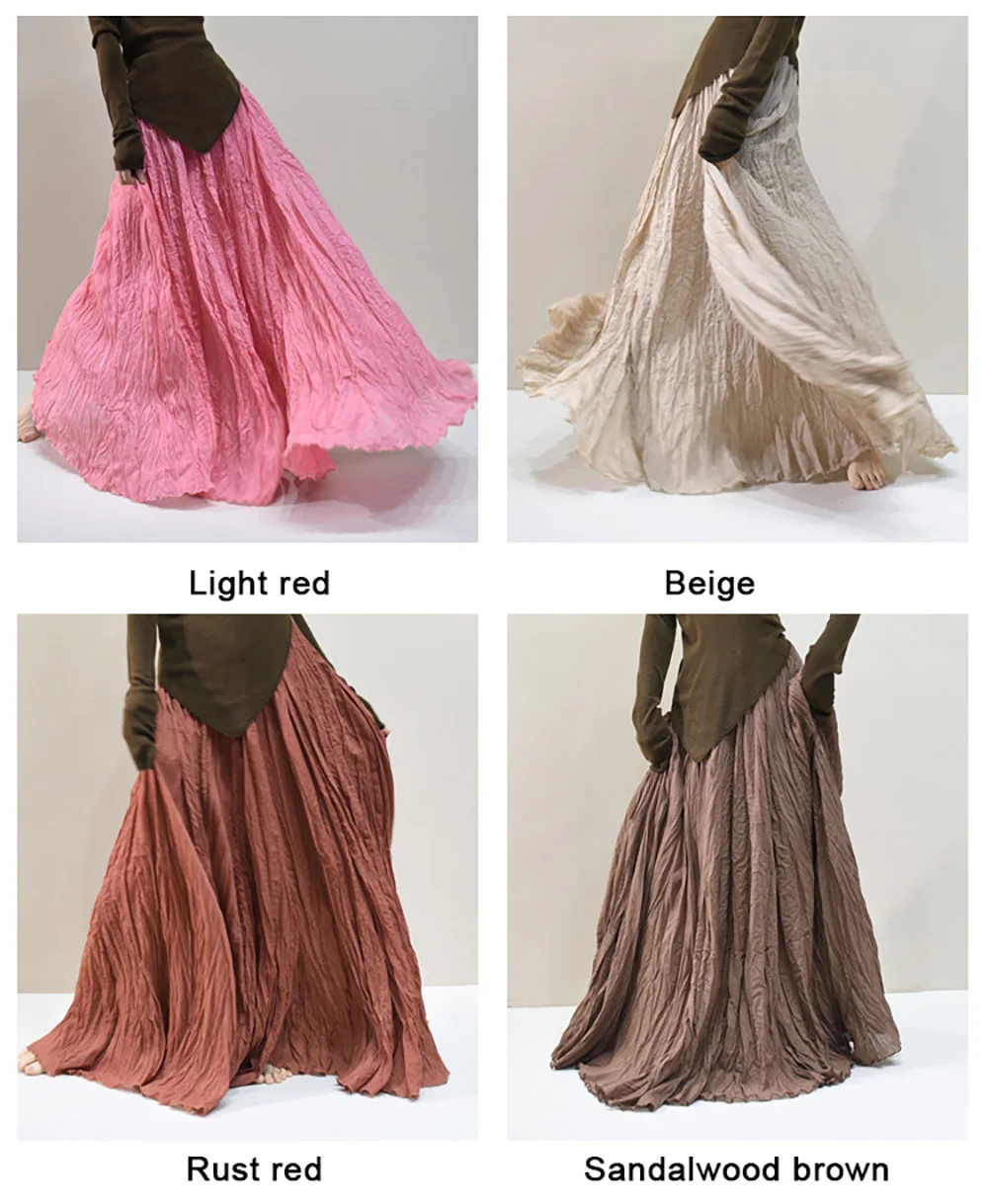 Womens High Waisted Flowy Maxi Skirt Crinkled Cotton Linen A-Line Pleated Beach Long Skirt Bohemian Style for Spring Summer K444