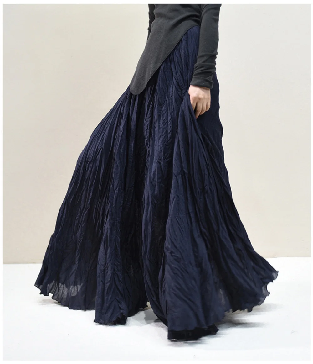 Womens High Waisted Flowy Maxi Skirt Crinkled Cotton Linen A-Line Pleated Beach Long Skirt Bohemian Style for Spring Summer K444
