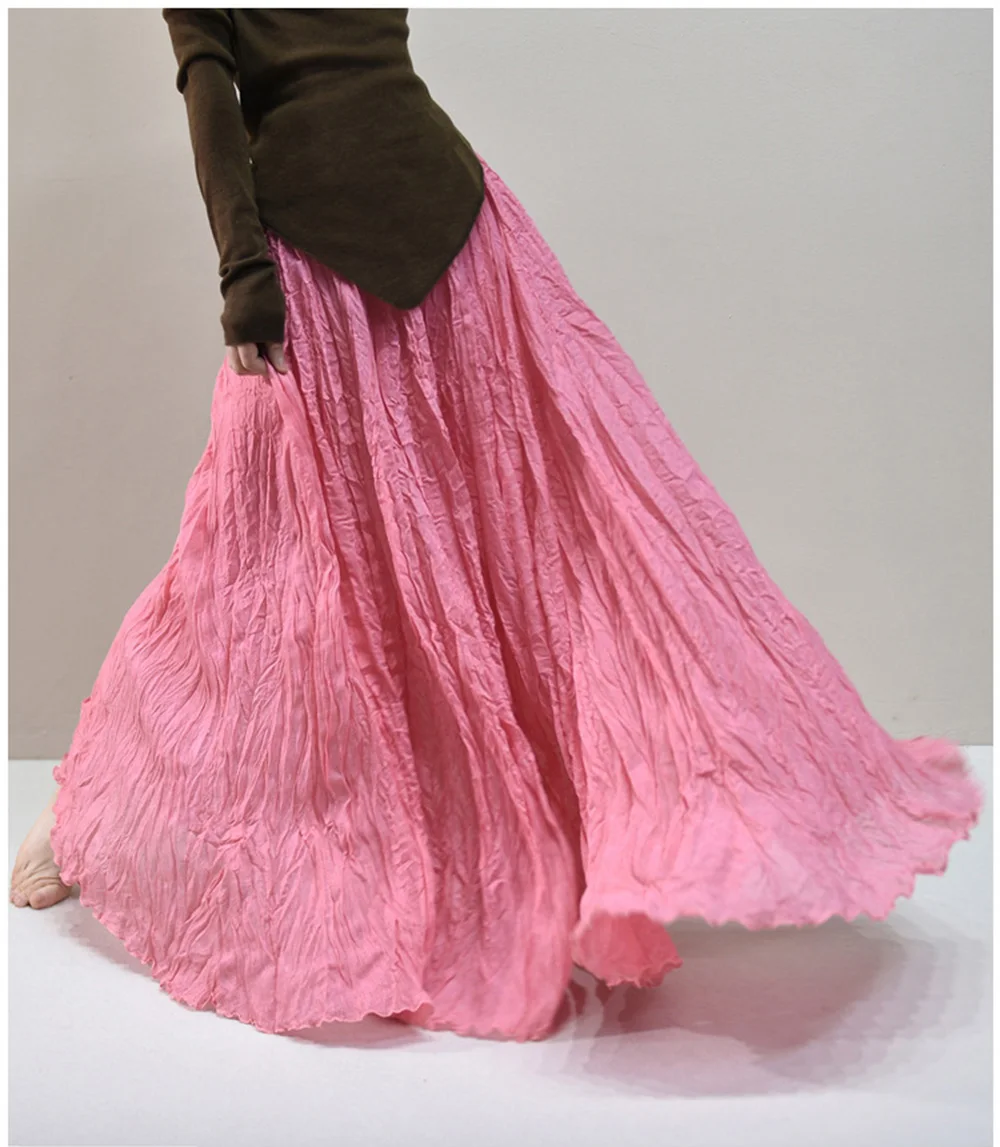 Womens High Waisted Flowy Maxi Skirt Crinkled Cotton Linen A-Line Pleated Beach Long Skirt Bohemian Style for Spring Summer K444