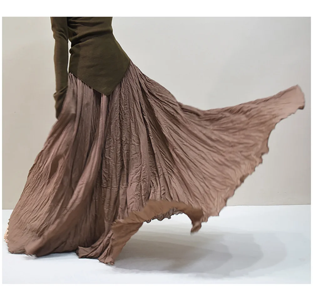 Womens High Waisted Flowy Maxi Skirt Crinkled Cotton Linen A-Line Pleated Beach Long Skirt Bohemian Style for Spring Summer K444