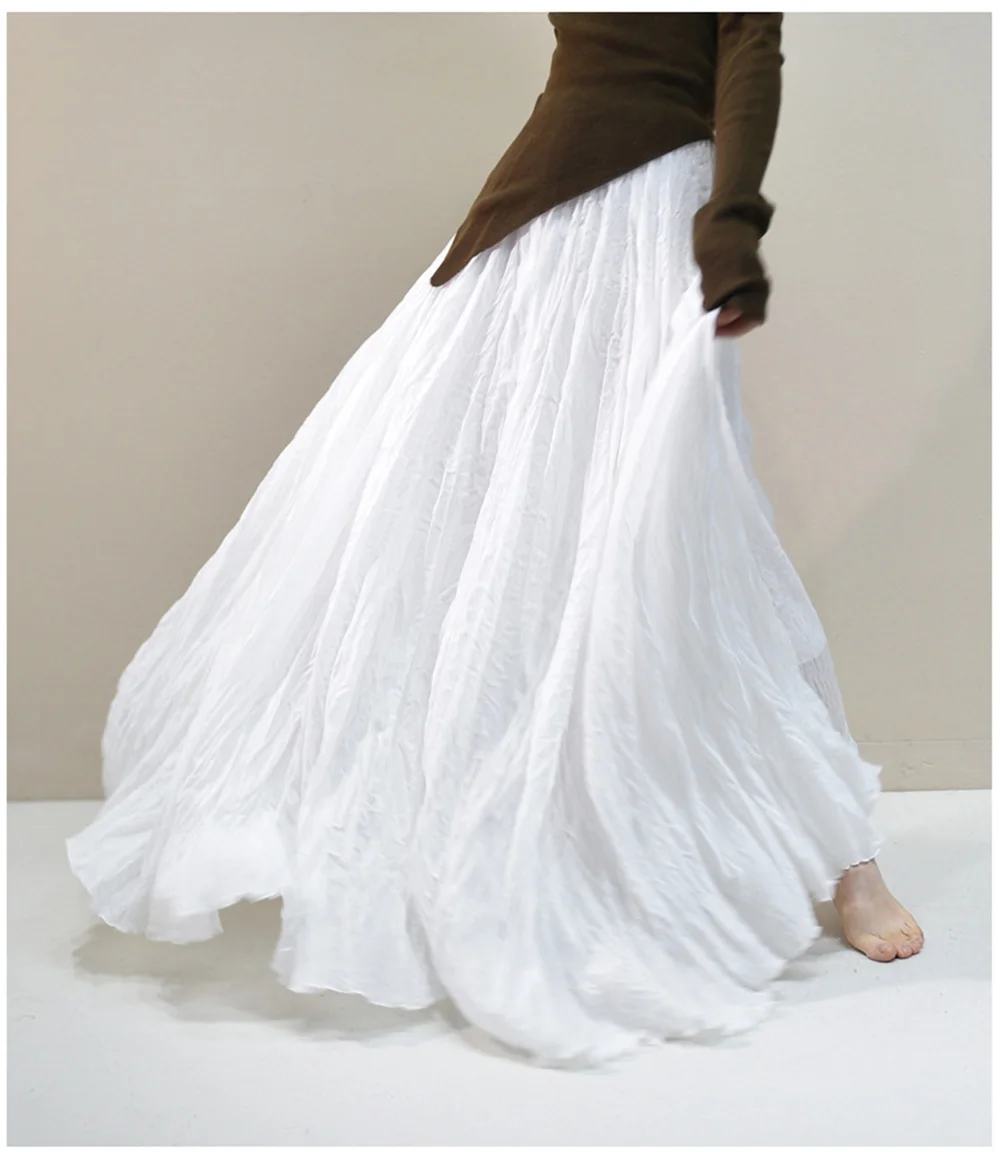 Womens High Waisted Flowy Maxi Skirt Crinkled Cotton Linen A-Line Pleated Beach Long Skirt Bohemian Style for Spring Summer K444