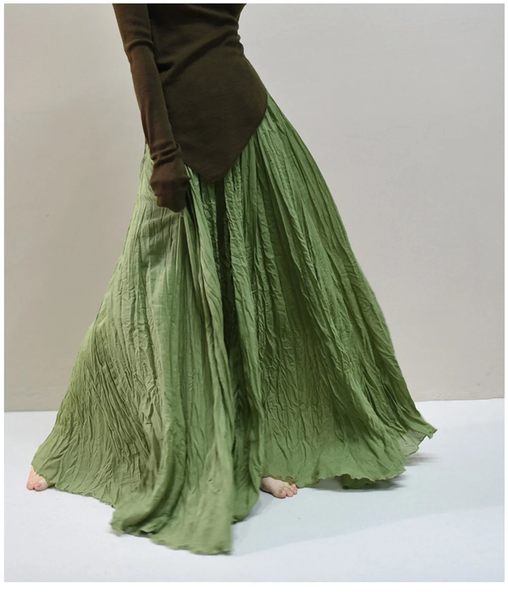 Womens High Waisted Flowy Maxi Skirt Crinkled Cotton Linen A-Line Pleated Beach Long Skirt Bohemian Style for Spring Summer K444