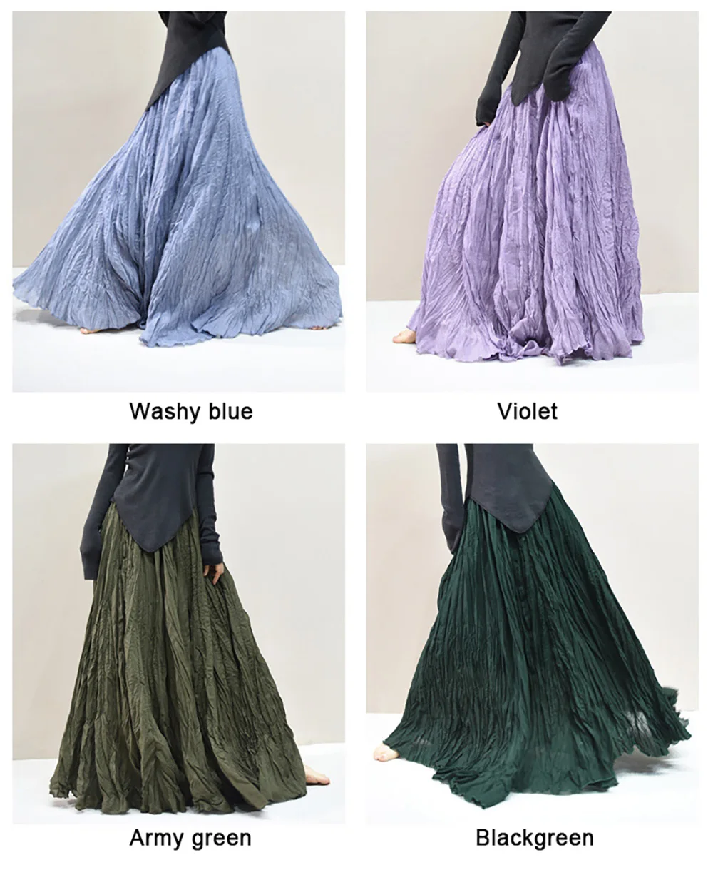 Womens High Waisted Flowy Maxi Skirt Crinkled Cotton Linen A-Line Pleated Beach Long Skirt Bohemian Style for Spring Summer K444