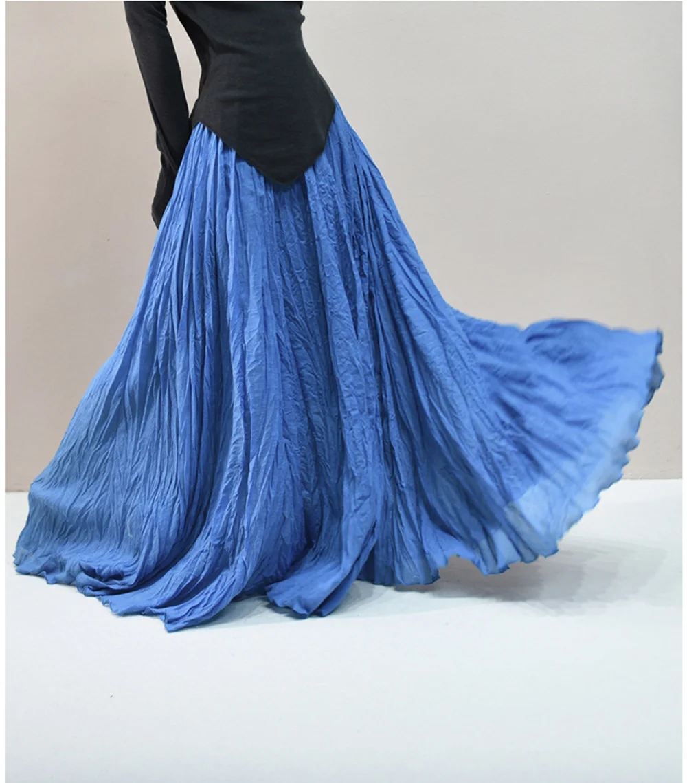 Womens High Waisted Flowy Maxi Skirt Crinkled Cotton Linen A-Line Pleated Beach Long Skirt Bohemian Style for Spring Summer K444