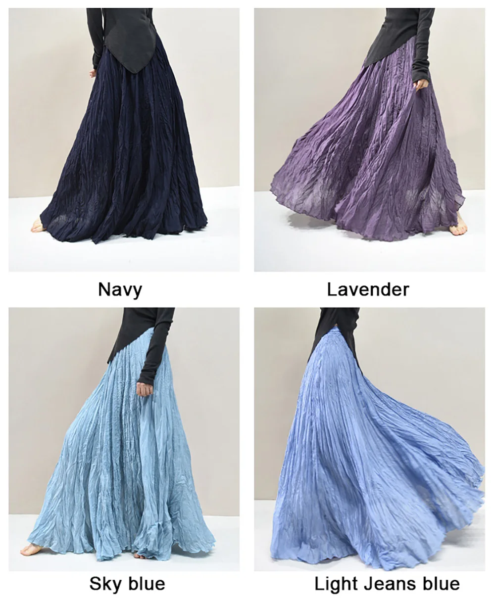 Womens High Waisted Flowy Maxi Skirt Crinkled Cotton Linen A-Line Pleated Beach Long Skirt Bohemian Style for Spring Summer K444