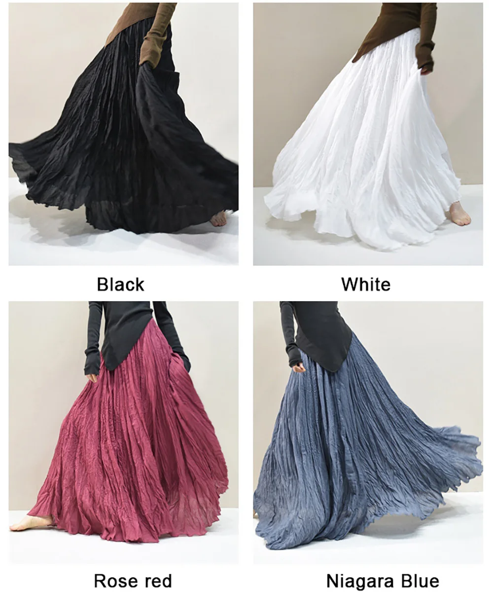 Womens High Waisted Flowy Maxi Skirt Crinkled Cotton Linen A-Line Pleated Beach Long Skirt Bohemian Style for Spring Summer K444