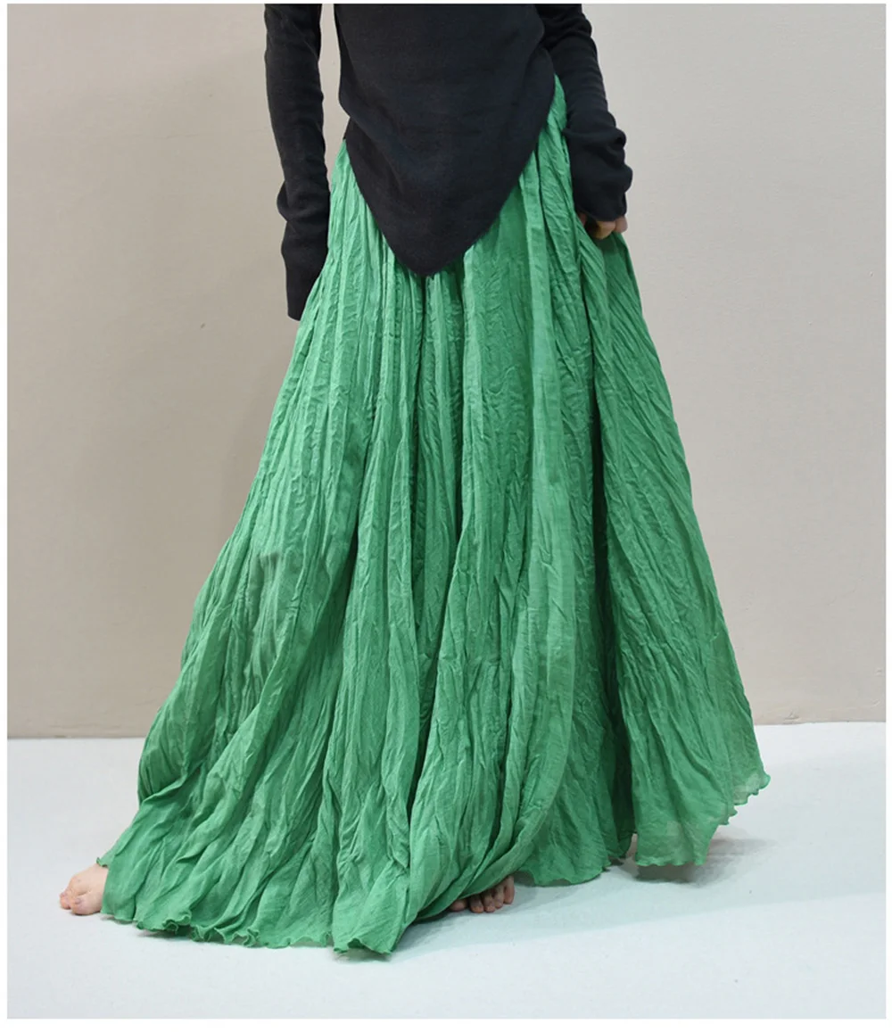 Womens High Waisted Flowy Maxi Skirt Crinkled Cotton Linen A-Line Pleated Beach Long Skirt Bohemian Style for Spring Summer K444