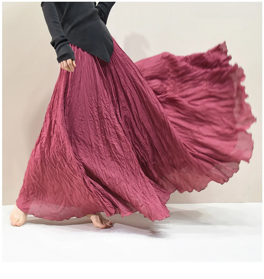 Womens High Waisted Flowy Maxi Skirt Crinkled Cotton Linen A-Line Pleated Beach Long Skirt Bohemian Style for Spring Summer K444