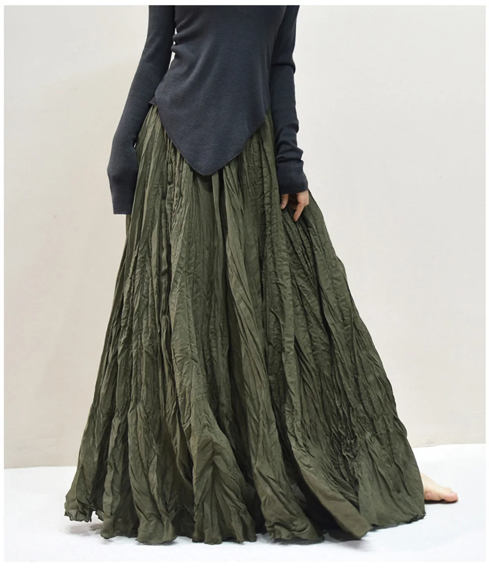 Womens High Waisted Flowy Maxi Skirt Crinkled Cotton Linen A-Line Pleated Beach Long Skirt Bohemian Style for Spring Summer K444