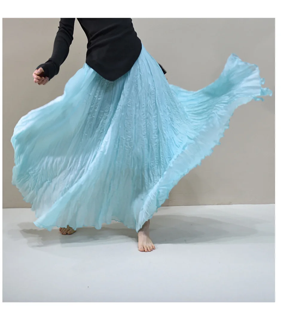 Womens High Waisted Flowy Maxi Skirt Crinkled Cotton Linen A-Line Pleated Beach Long Skirt Bohemian Style for Spring Summer K444