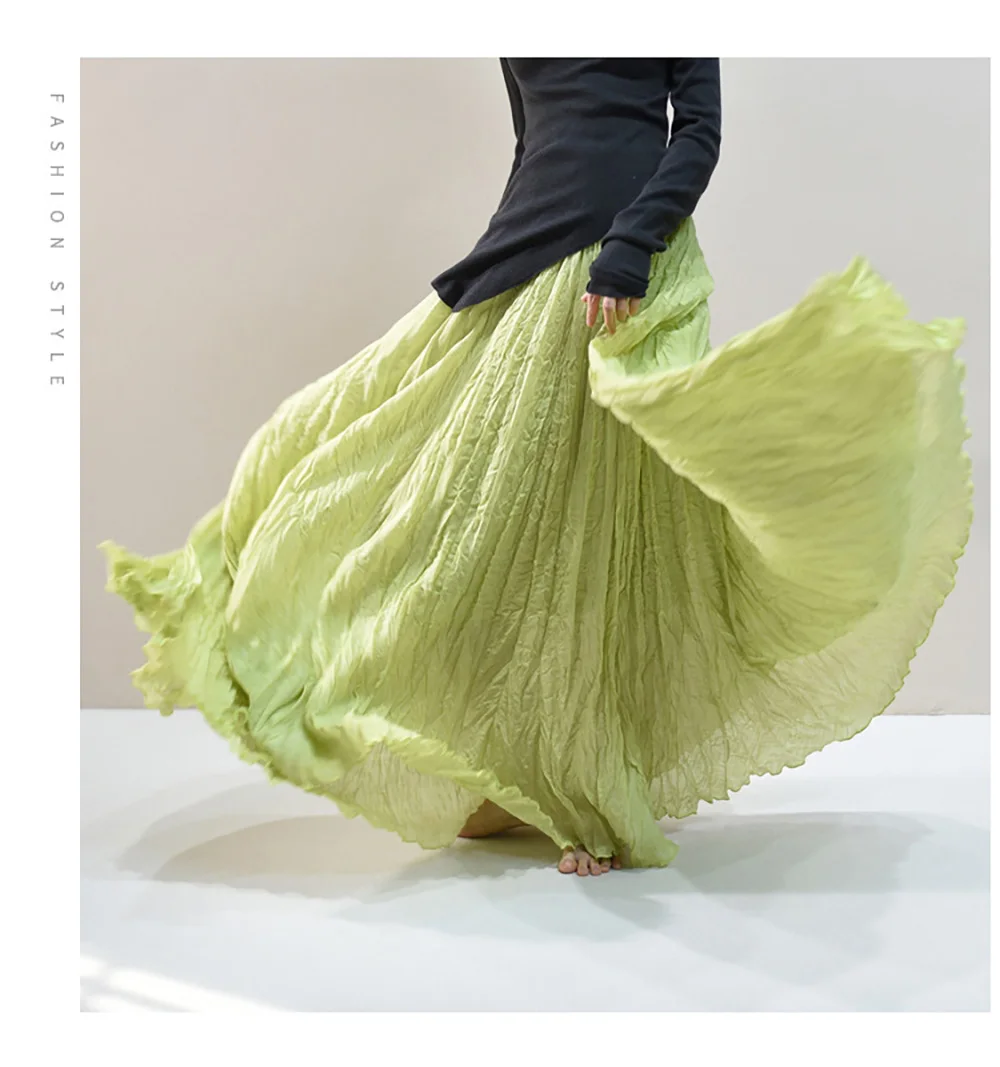 Womens High Waisted Flowy Maxi Skirt Crinkled Cotton Linen A-Line Pleated Beach Long Skirt Bohemian Style for Spring Summer K444