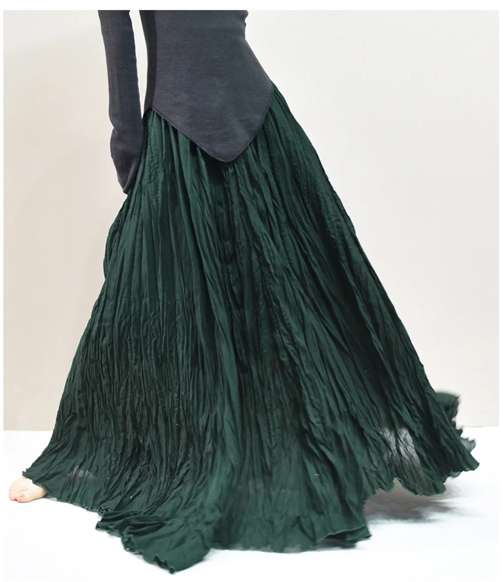 Womens High Waisted Flowy Maxi Skirt Crinkled Cotton Linen A-Line Pleated Beach Long Skirt Bohemian Style for Spring Summer K444