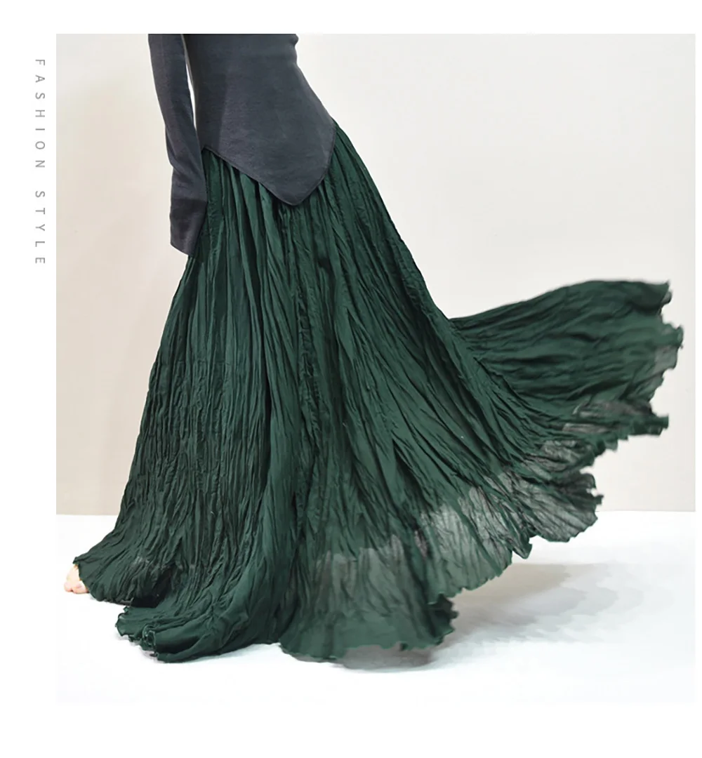 Womens High Waisted Flowy Maxi Skirt Crinkled Cotton Linen A-Line Pleated Beach Long Skirt Bohemian Style for Spring Summer K444