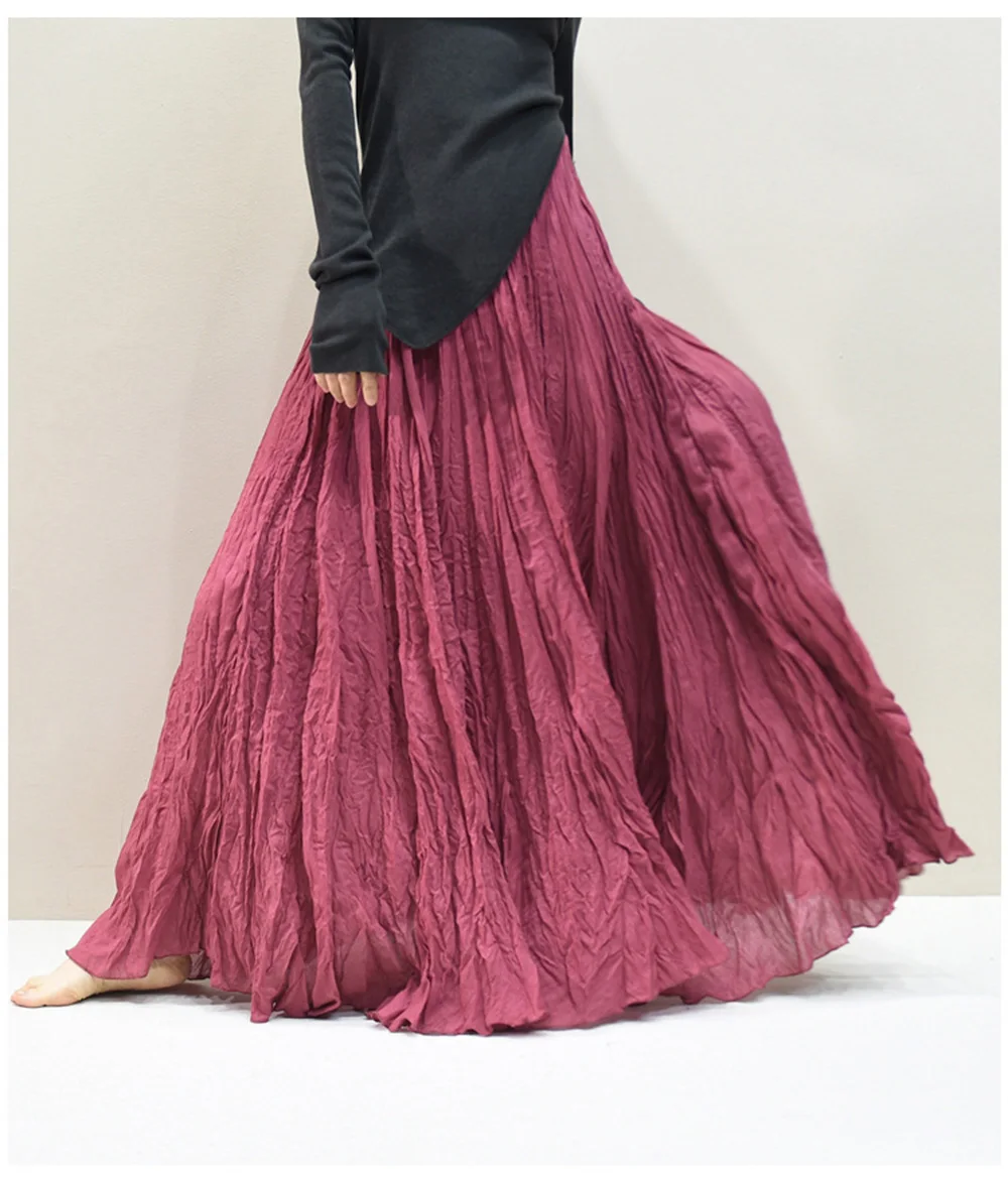 Womens High Waisted Flowy Maxi Skirt Crinkled Cotton Linen A-Line Pleated Beach Long Skirt Bohemian Style for Spring Summer K444