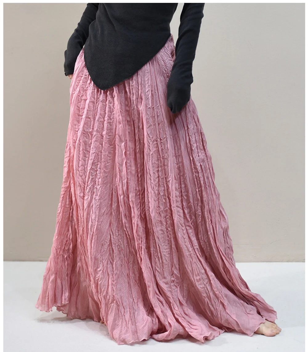Womens High Waisted Flowy Maxi Skirt Crinkled Cotton Linen A-Line Pleated Beach Long Skirt Bohemian Style for Spring Summer K444