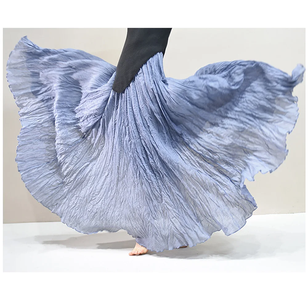 Womens High Waisted Flowy Maxi Skirt Crinkled Cotton Linen A-Line Pleated Beach Long Skirt Bohemian Style for Spring Summer K444