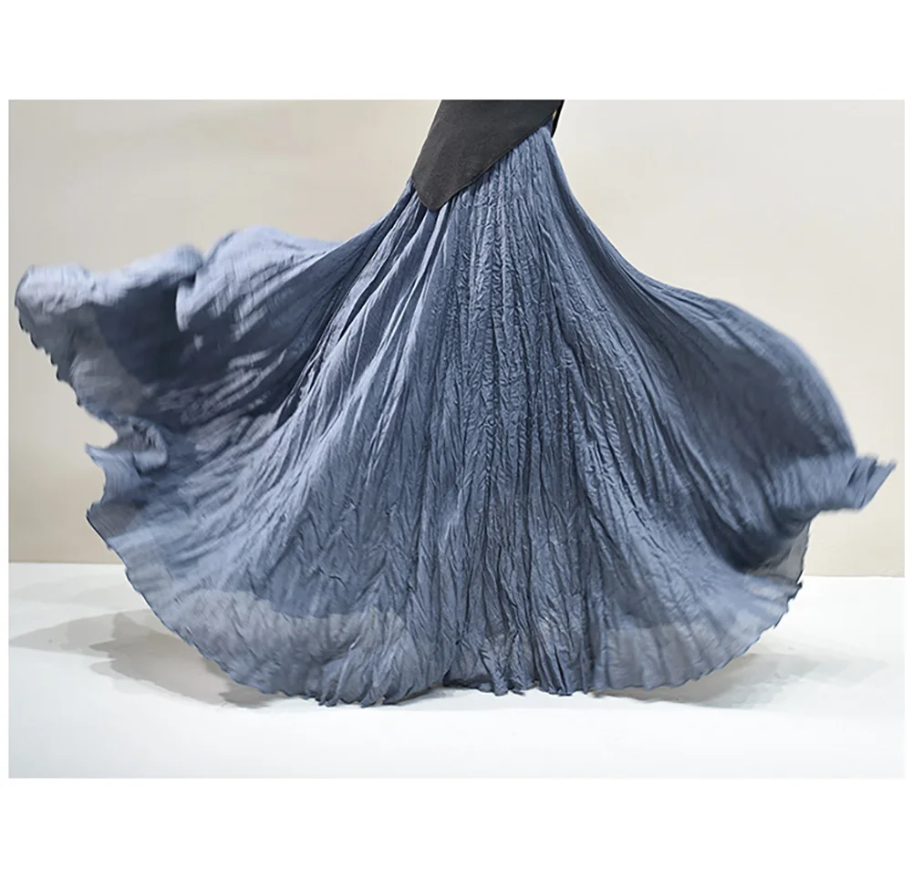 Womens High Waisted Flowy Maxi Skirt Crinkled Cotton Linen A-Line Pleated Beach Long Skirt Bohemian Style for Spring Summer K444