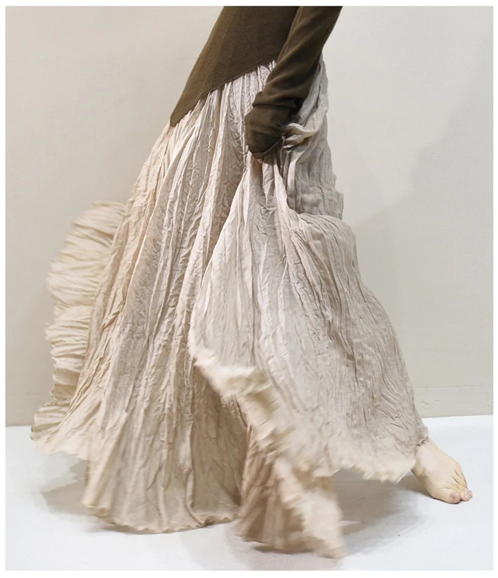 Womens High Waisted Flowy Maxi Skirt Crinkled Cotton Linen A-Line Pleated Beach Long Skirt Bohemian Style for Spring Summer K444