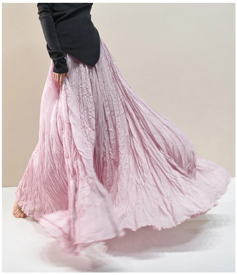 Womens High Waisted Flowy Maxi Skirt Crinkled Cotton Linen A-Line Pleated Beach Long Skirt Bohemian Style for Spring Summer K444