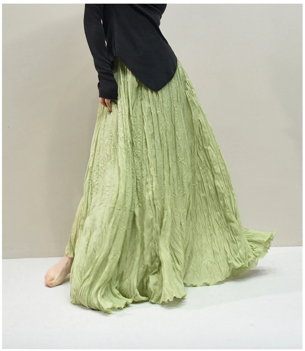 Womens High Waisted Flowy Maxi Skirt Crinkled Cotton Linen A-Line Pleated Beach Long Skirt Bohemian Style for Spring Summer K444