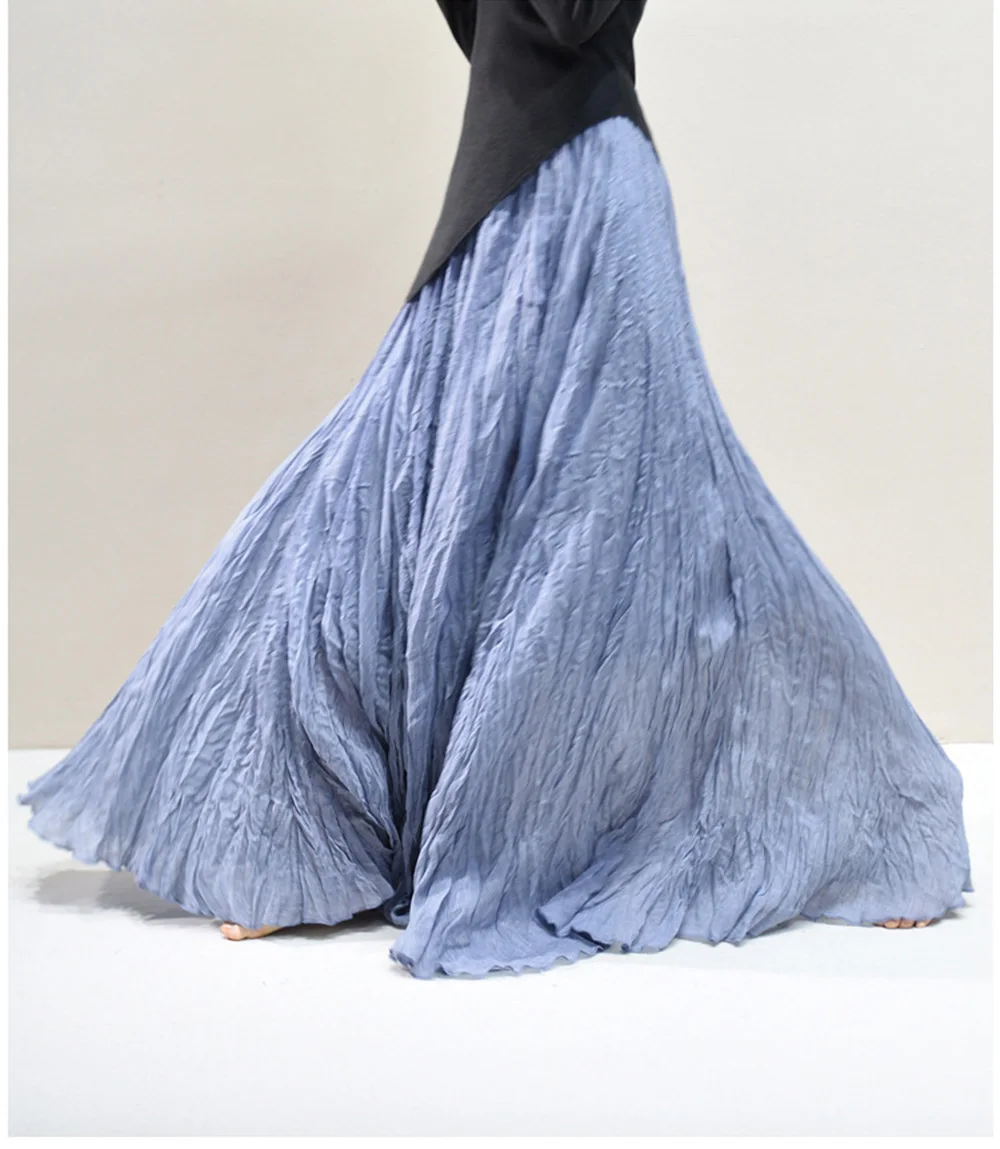Womens High Waisted Flowy Maxi Skirt Crinkled Cotton Linen A-Line Pleated Beach Long Skirt Bohemian Style for Spring Summer K444