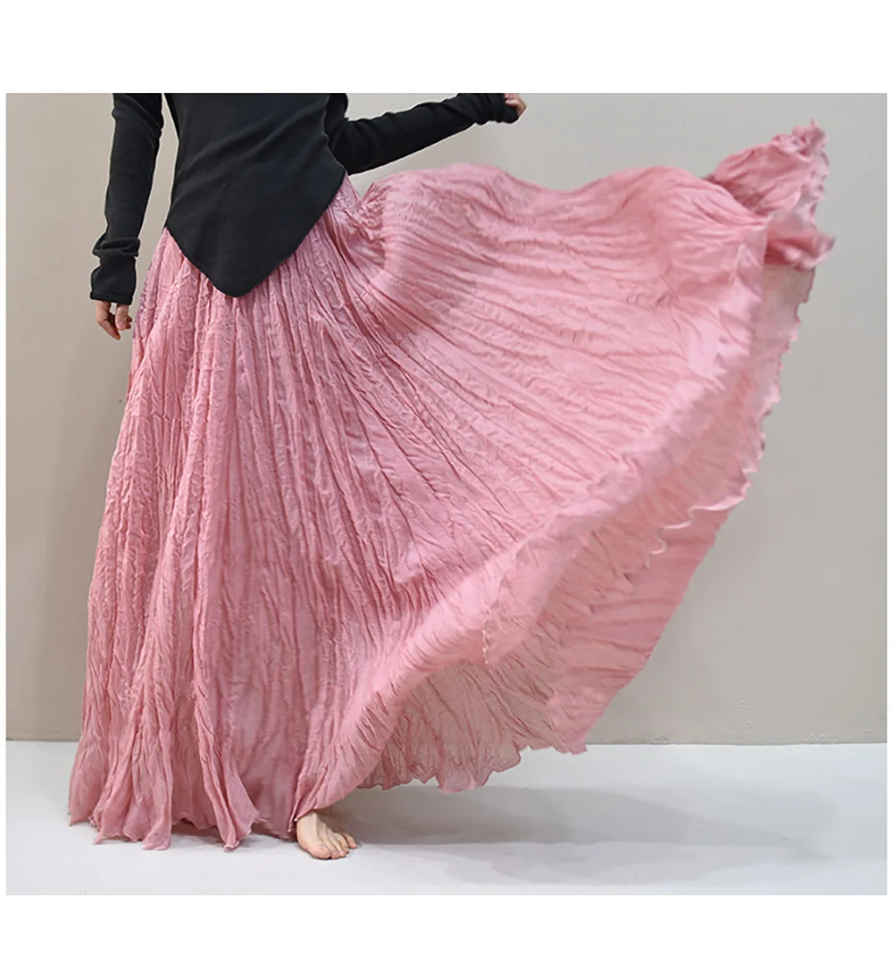 Womens High Waisted Flowy Maxi Skirt Crinkled Cotton Linen A-Line Pleated Beach Long Skirt Bohemian Style for Spring Summer K444