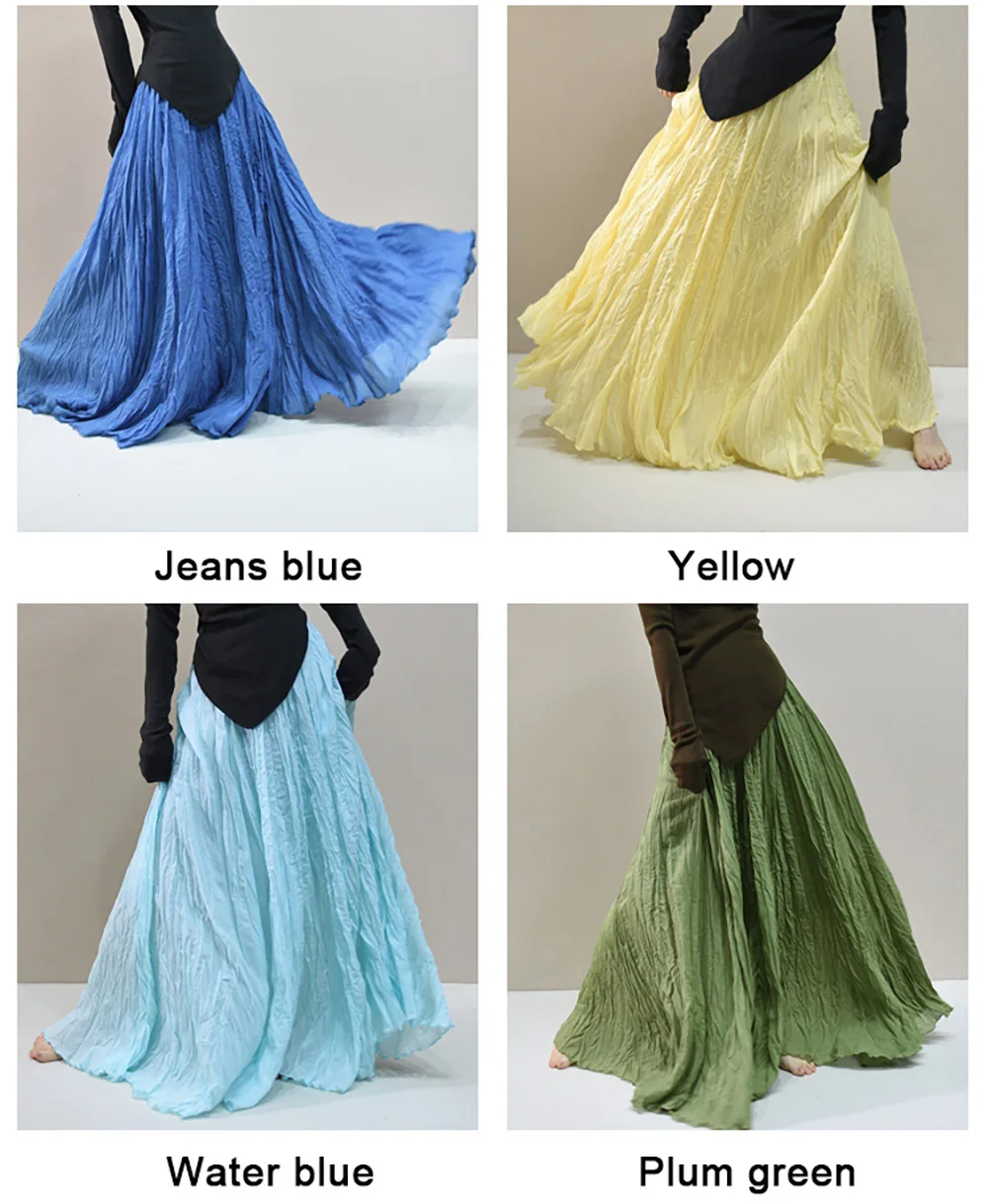 Womens High Waisted Flowy Maxi Skirt Crinkled Cotton Linen A-Line Pleated Beach Long Skirt Bohemian Style for Spring Summer K444