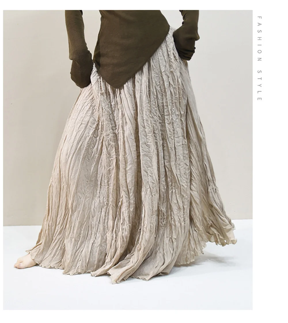 Womens High Waisted Flowy Maxi Skirt Crinkled Cotton Linen A-Line Pleated Beach Long Skirt Bohemian Style for Spring Summer K444