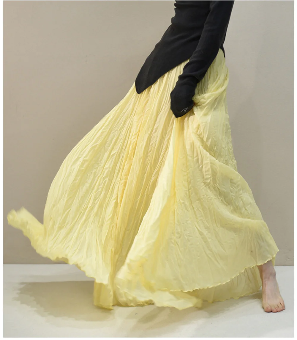 Womens High Waisted Flowy Maxi Skirt Crinkled Cotton Linen A-Line Pleated Beach Long Skirt Bohemian Style for Spring Summer K444