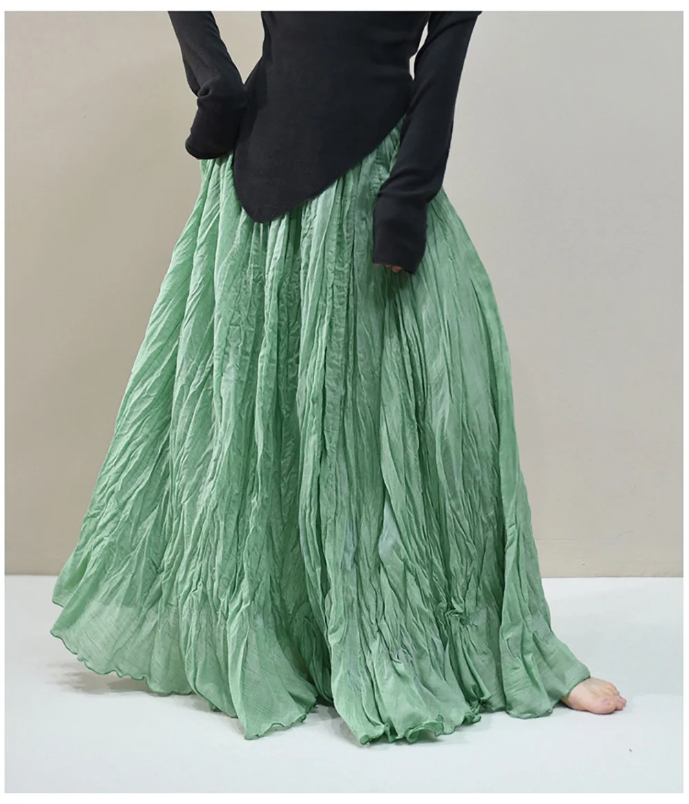 Womens High Waisted Flowy Maxi Skirt Crinkled Cotton Linen A-Line Pleated Beach Long Skirt Bohemian Style for Spring Summer K444