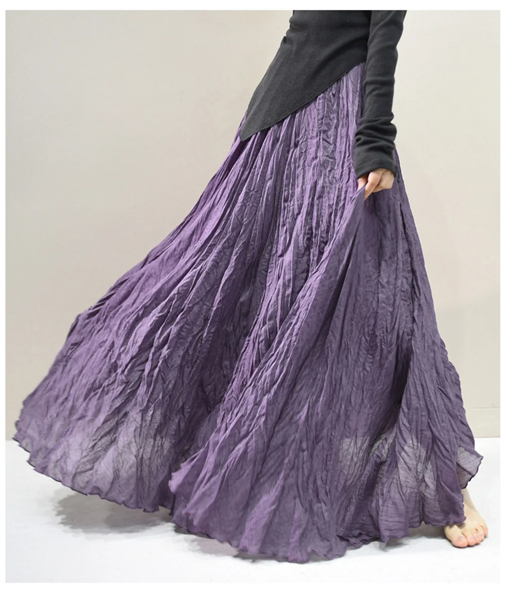 Womens High Waisted Flowy Maxi Skirt Crinkled Cotton Linen A-Line Pleated Beach Long Skirt Bohemian Style for Spring Summer K444