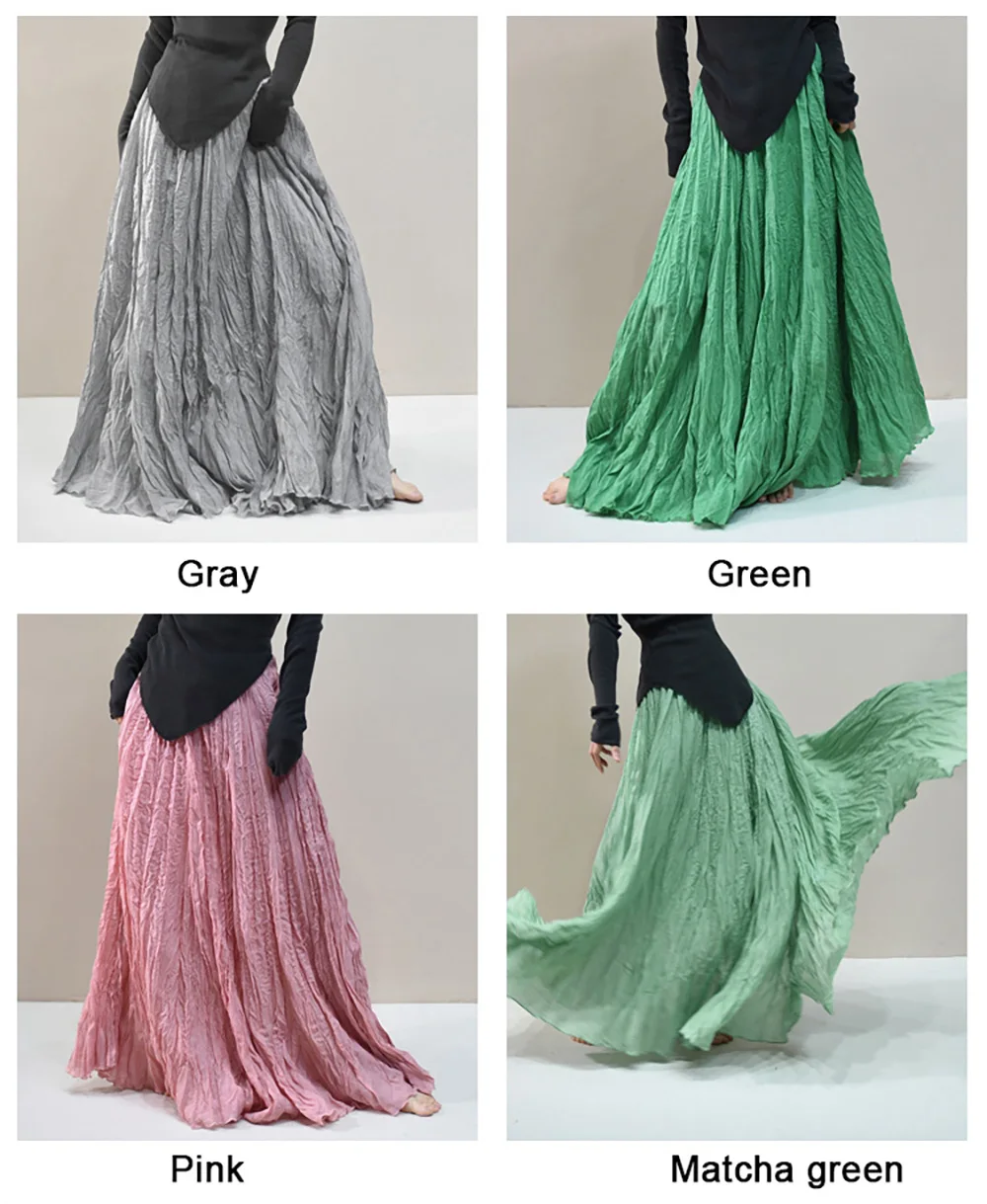 Womens High Waisted Flowy Maxi Skirt Crinkled Cotton Linen A-Line Pleated Beach Long Skirt Bohemian Style for Spring Summer K444