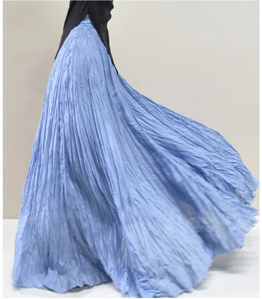 Womens High Waisted Flowy Maxi Skirt Crinkled Cotton Linen A-Line Pleated Beach Long Skirt Bohemian Style for Spring Summer K444