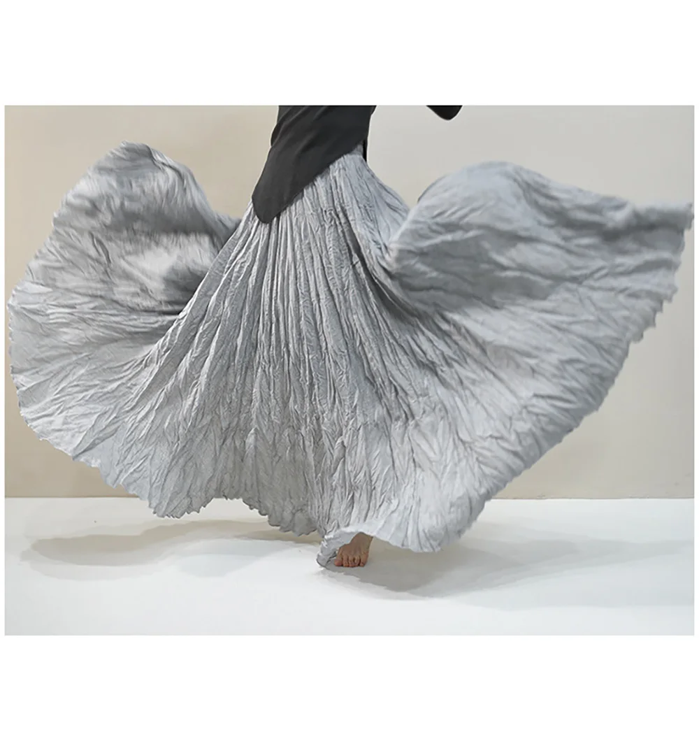 Womens High Waisted Flowy Maxi Skirt Crinkled Cotton Linen A-Line Pleated Beach Long Skirt Bohemian Style for Spring Summer K444