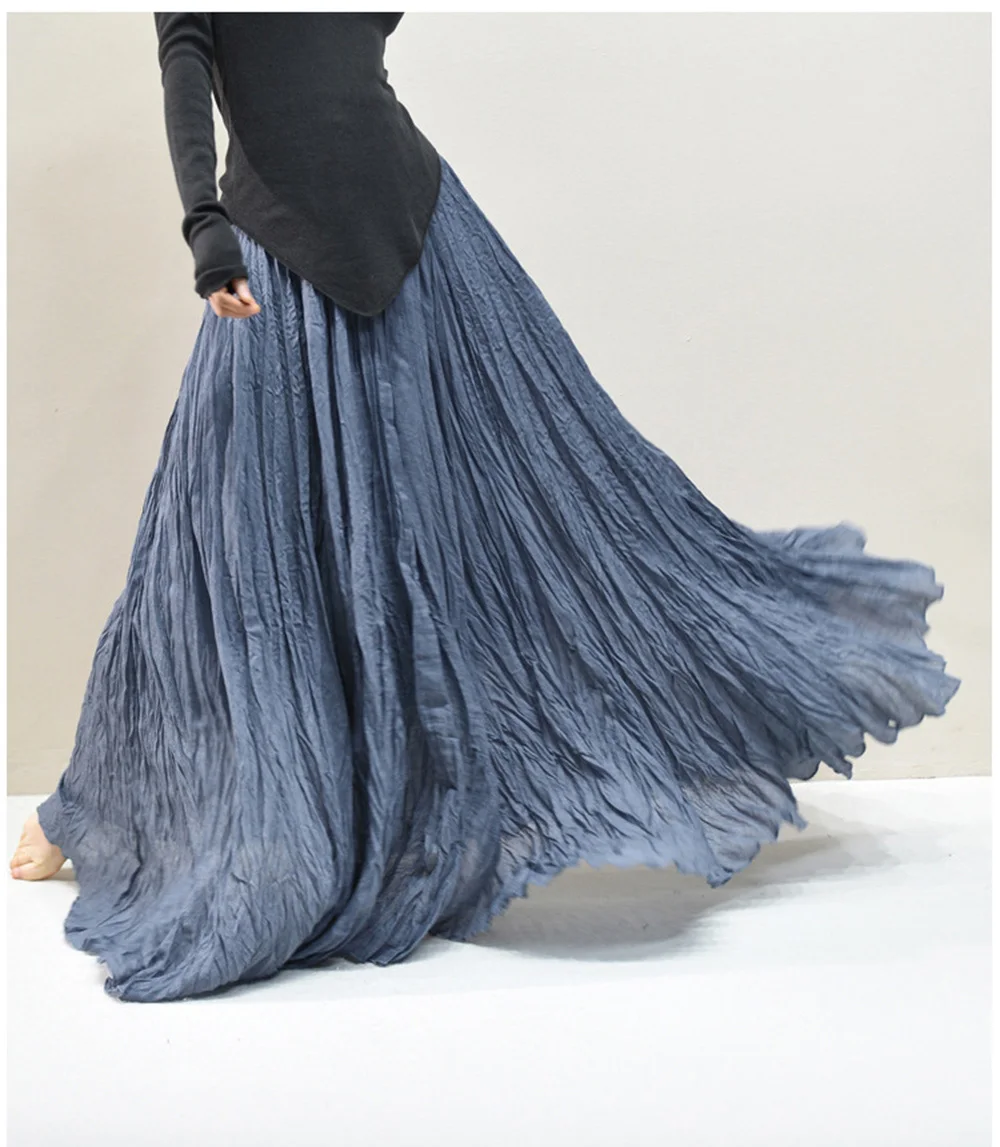Womens High Waisted Flowy Maxi Skirt Crinkled Cotton Linen A-Line Pleated Beach Long Skirt Bohemian Style for Spring Summer K444