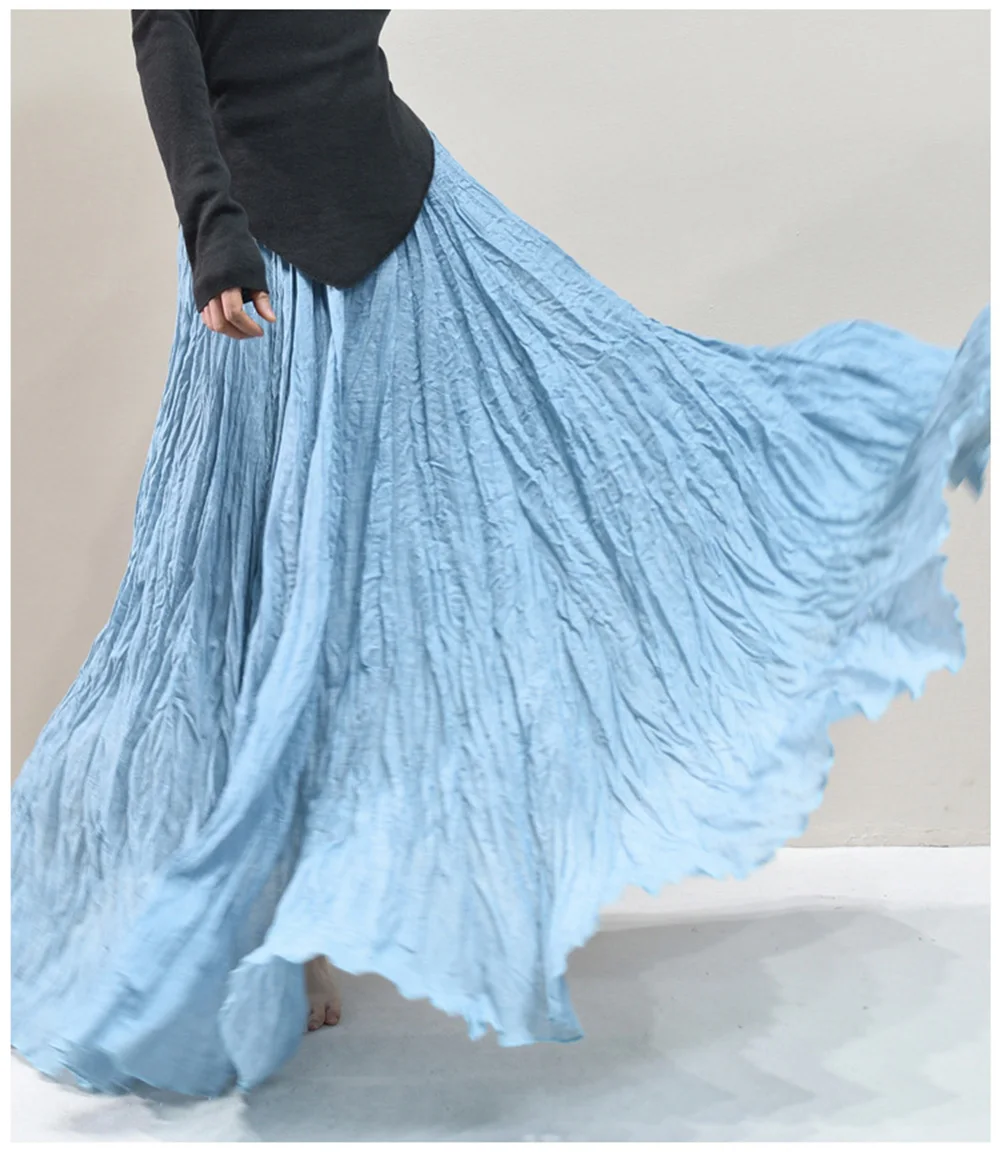 Womens High Waisted Flowy Maxi Skirt Crinkled Cotton Linen A-Line Pleated Beach Long Skirt Bohemian Style for Spring Summer K444
