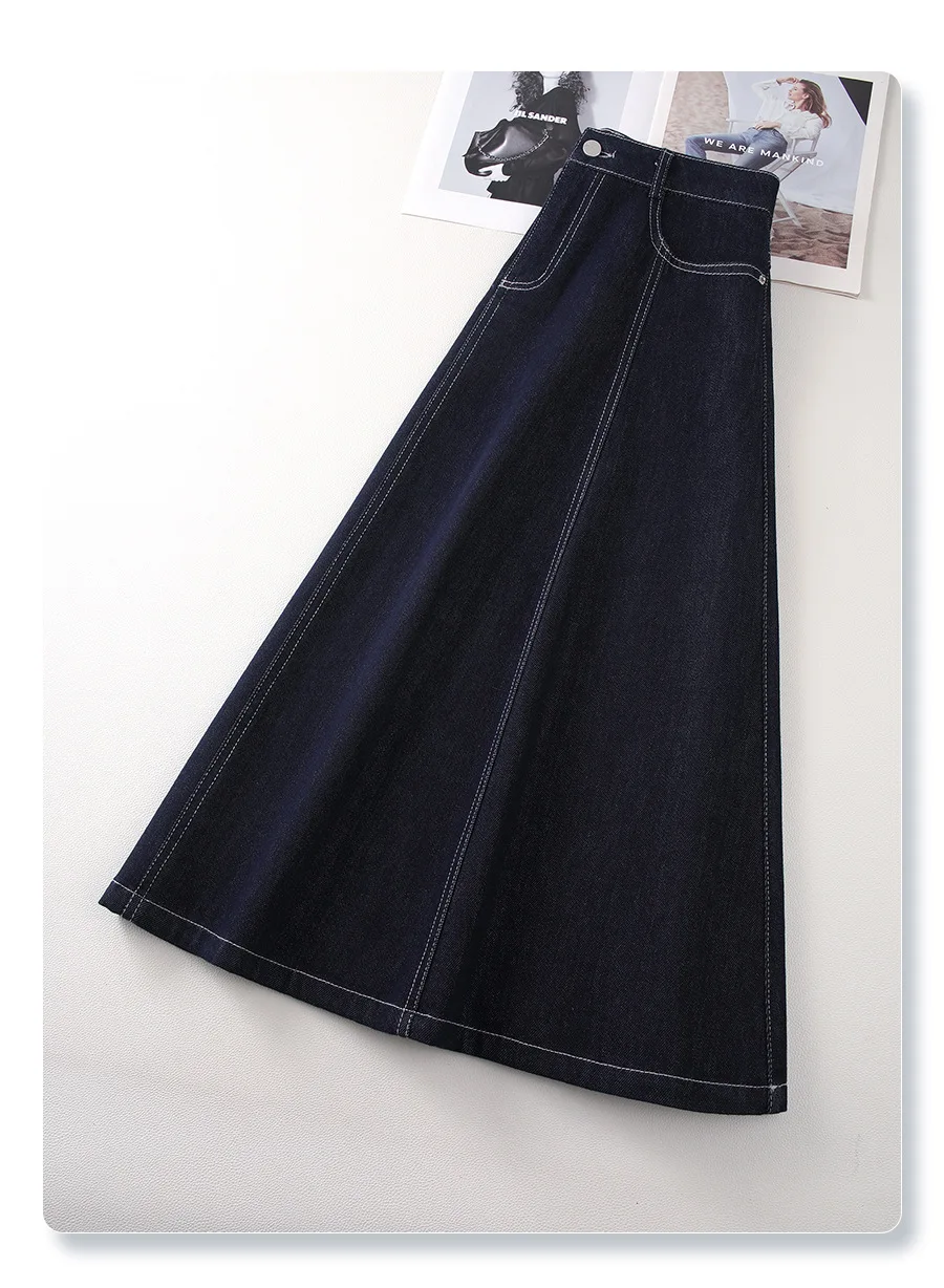 Dark Blue Denim Mid-Calf Skirts For Women 2025 New Spring and Summer Casual Loose Streetwear Office Lady Chic Long Skirts