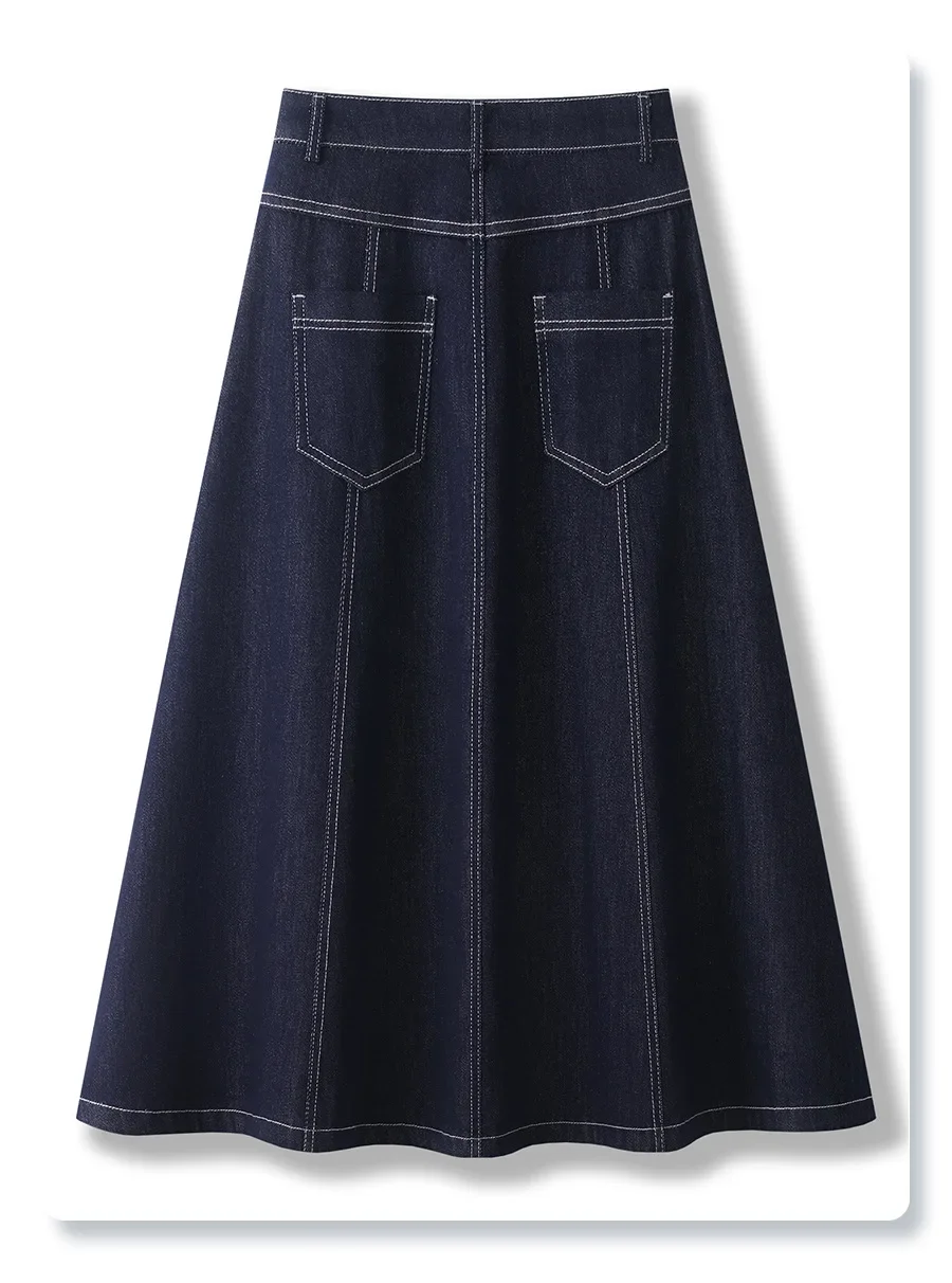 Dark Blue Denim Mid-Calf Skirts For Women 2025 New Spring and Summer Casual Loose Streetwear Office Lady Chic Long Skirts