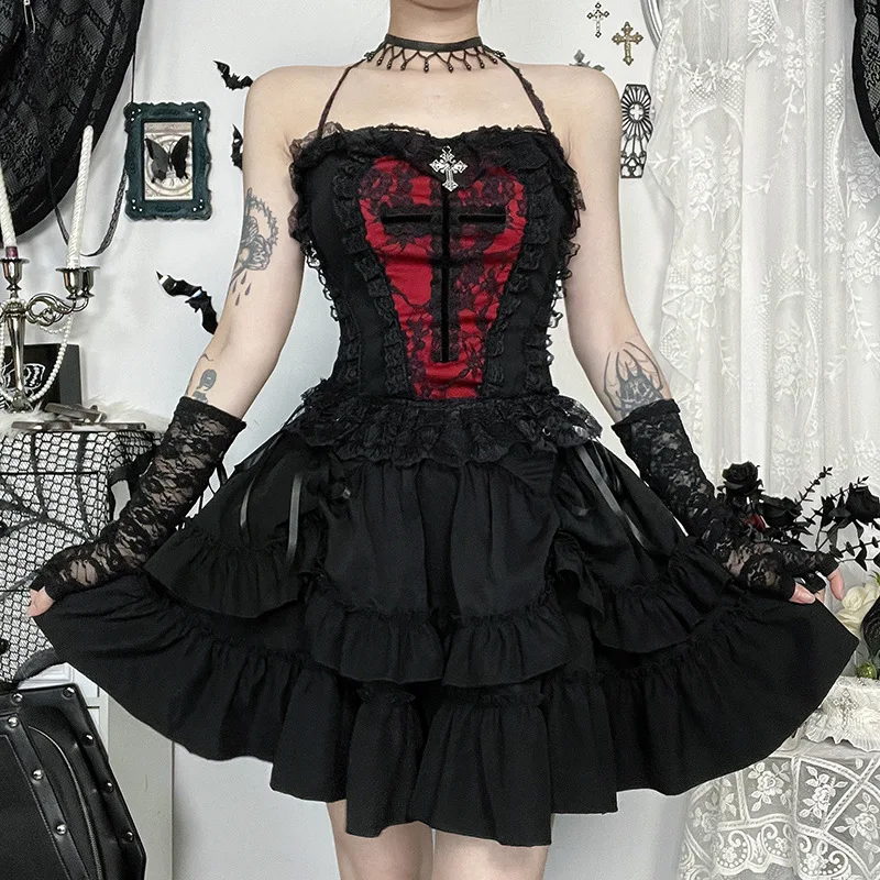 Japanese Gothic Y2k Lolita Style Skirt Women Harajuku Dark Streetwear Lace Mini Cake Skirt Female Fashion Slim Outfitn