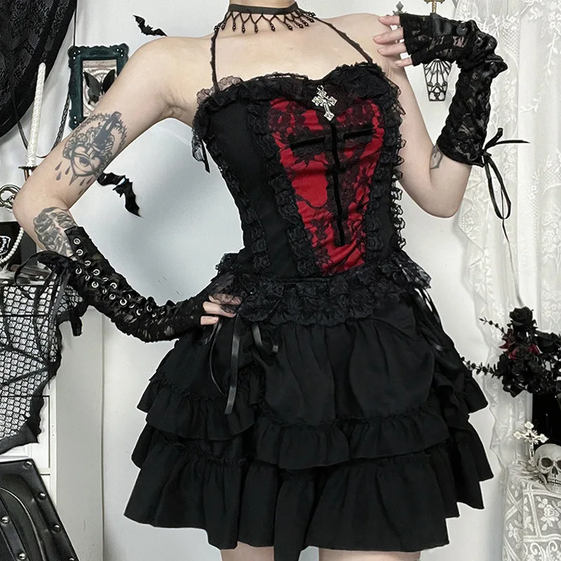 Japanese Gothic Y2k Lolita Style Skirt Women Harajuku Dark Streetwear Lace Mini Cake Skirt Female Fashion Slim Outfitn