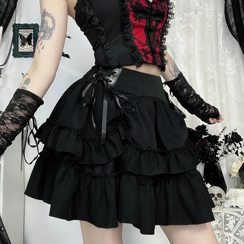 Japanese Gothic Y2k Lolita Style Skirt Women Harajuku Dark Streetwear Lace Mini Cake Skirt Female Fashion Slim Outfitn