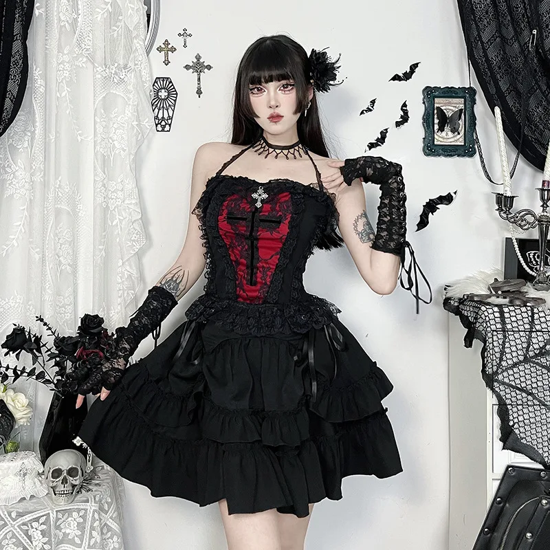 Japanese Gothic Y2k Lolita Style Skirt Women Harajuku Dark Streetwear Lace Mini Cake Skirt Female Fashion Slim Outfitn