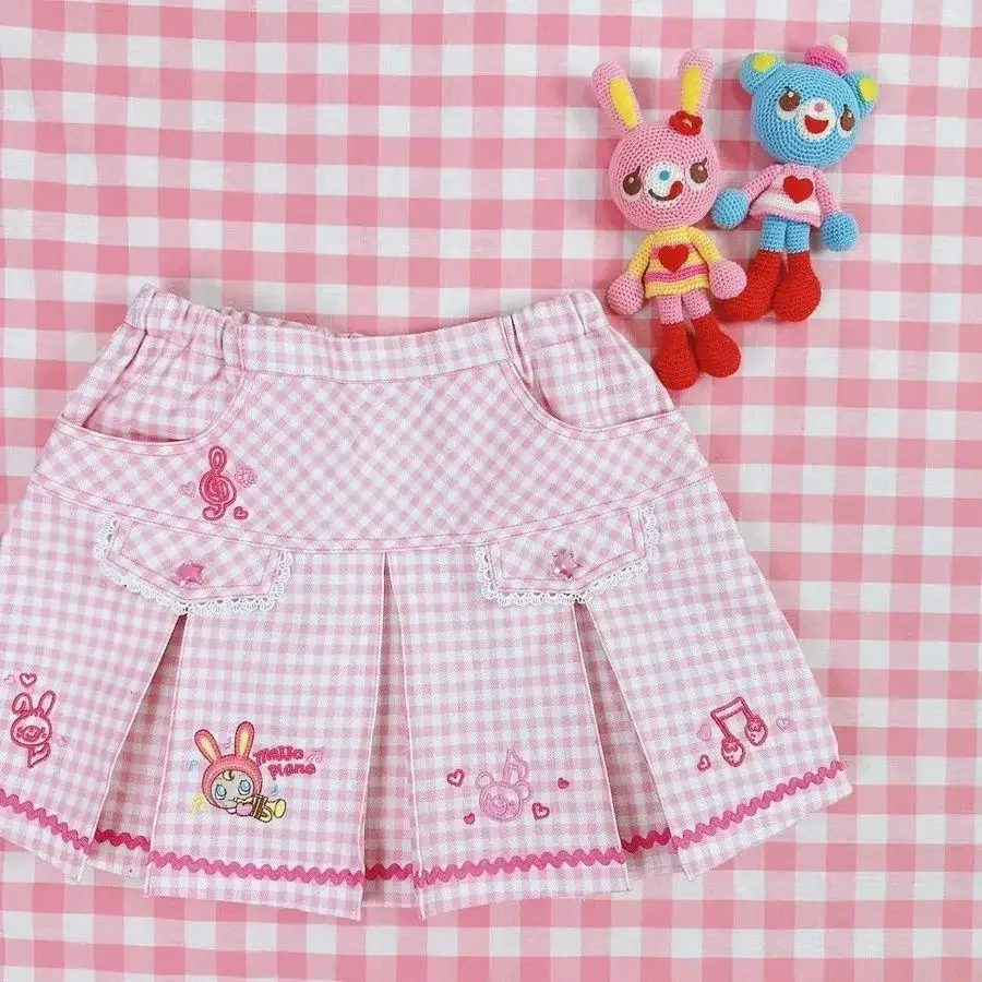 Japanese Summer New Sweet Girl Elastic Waist Pink Mini Y2k Skirt Subculture Cute Jojifuku Cartoon Mp Embroidery Plaid Skirt