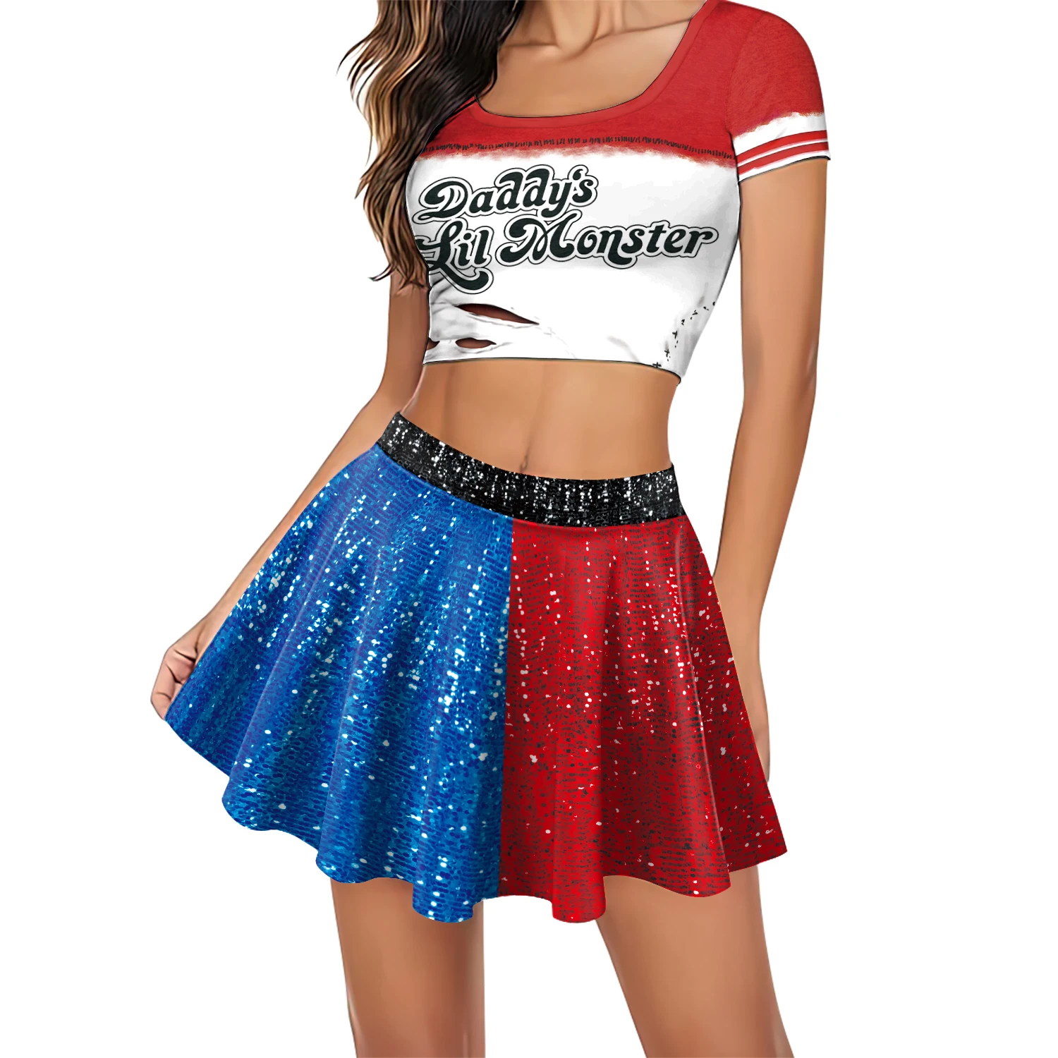 [You're My Secret] Movie Clown Harley Women Suit Joker Hero Cosplay Costume High School Crop Top Pleated Skirt Two Piece Sets