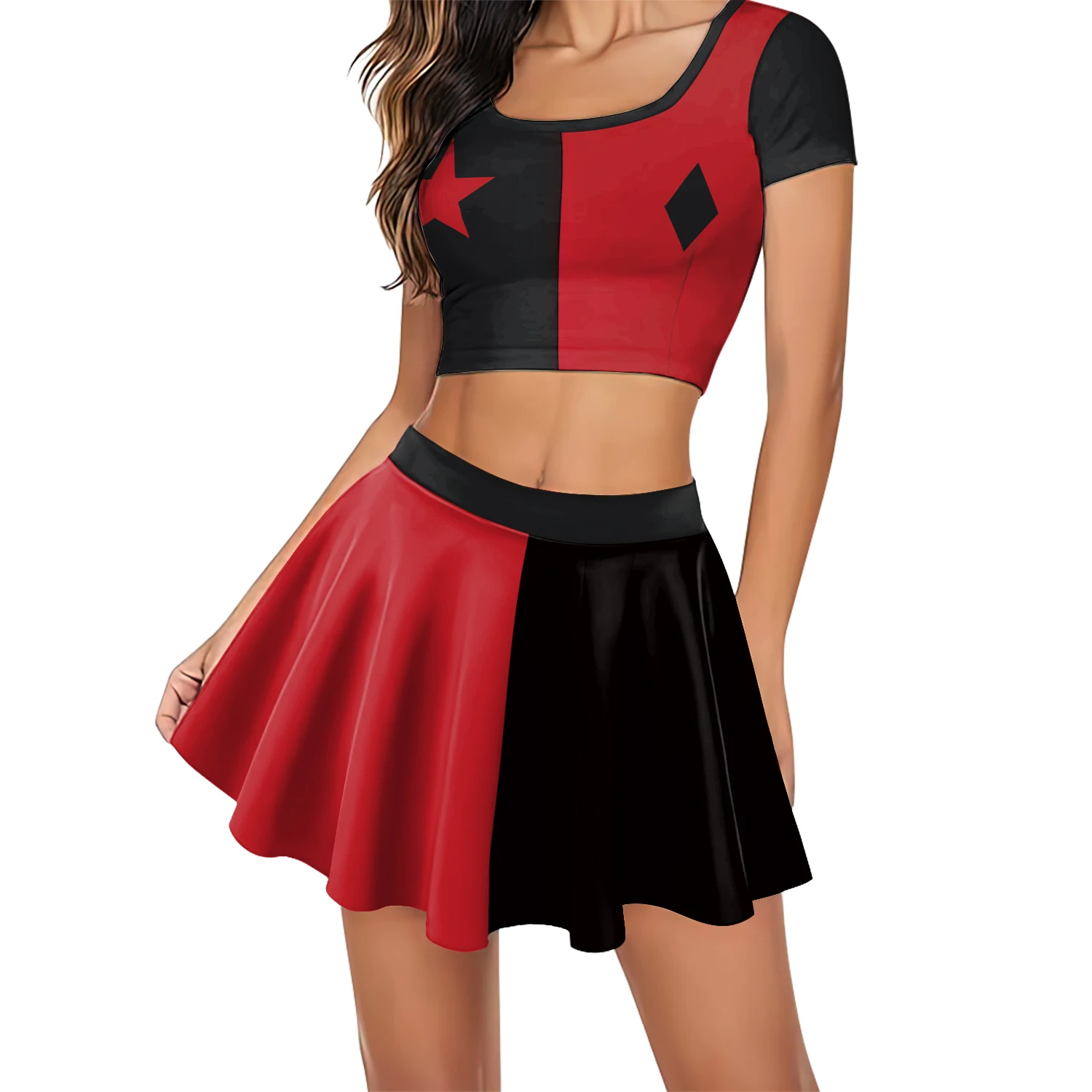 [You're My Secret] Movie Clown Harley Women Suit Joker Hero Cosplay Costume High School Crop Top Pleated Skirt Two Piece Sets