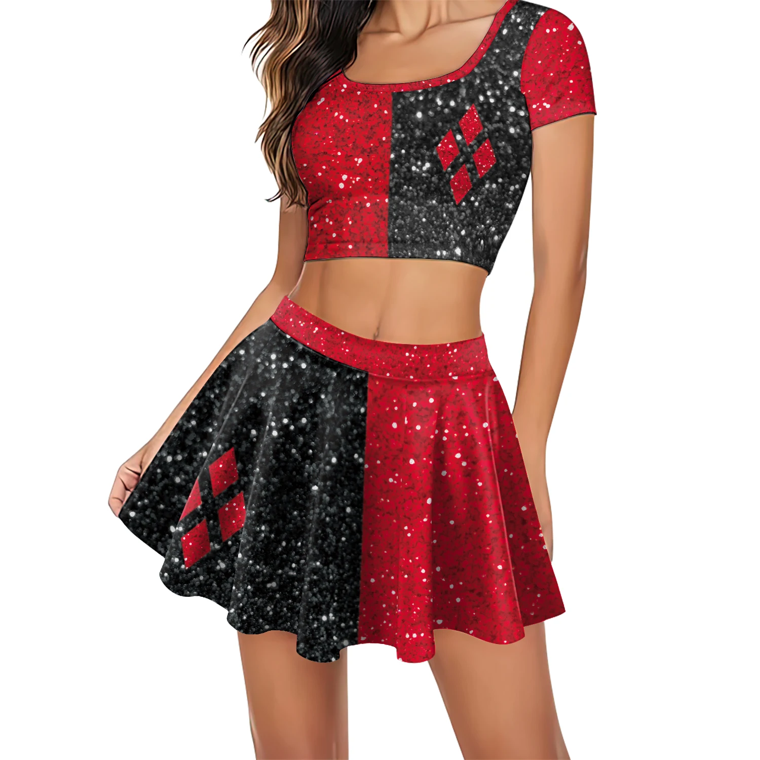 [You're My Secret] Movie Clown Harley Women Suit Joker Hero Cosplay Costume High School Crop Top Pleated Skirt Two Piece Sets