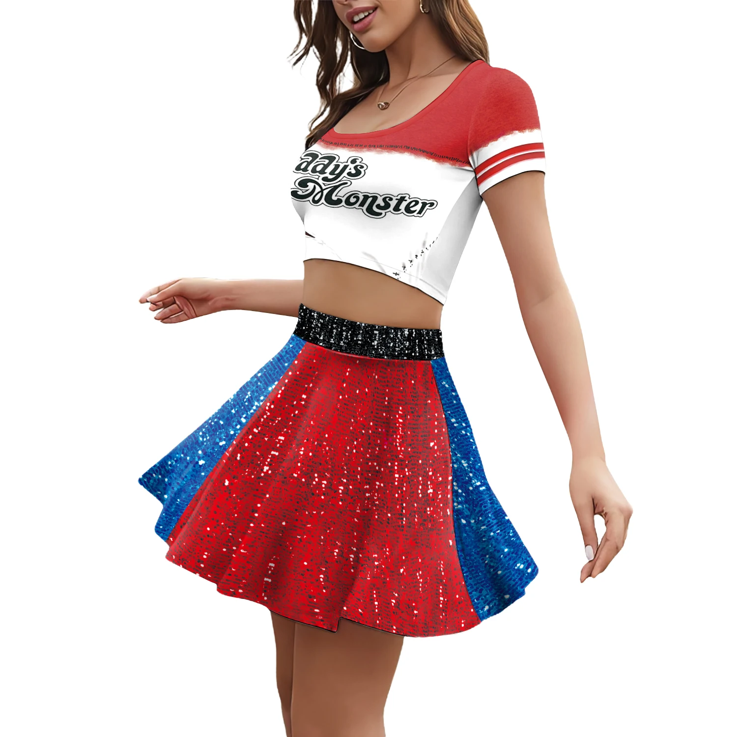 [You're My Secret] Movie Clown Harley Women Suit Joker Hero Cosplay Costume High School Crop Top Pleated Skirt Two Piece Sets